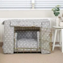 Lords & Labradors Dog Crate Set In Grey Spot -Pampered Paws grey spot gold crate set