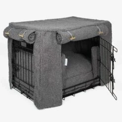 Lords & Labradors Dog Crate Set In Granite Boucle -Pampered Paws lords and labradors granite boucle crate set black crate side studio
