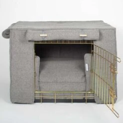 Lords & Labradors Dog Crate Set In Pewter Herringbone -Pampered Paws lords and labradors pewter herrigbone tweed crate set gold crate studio